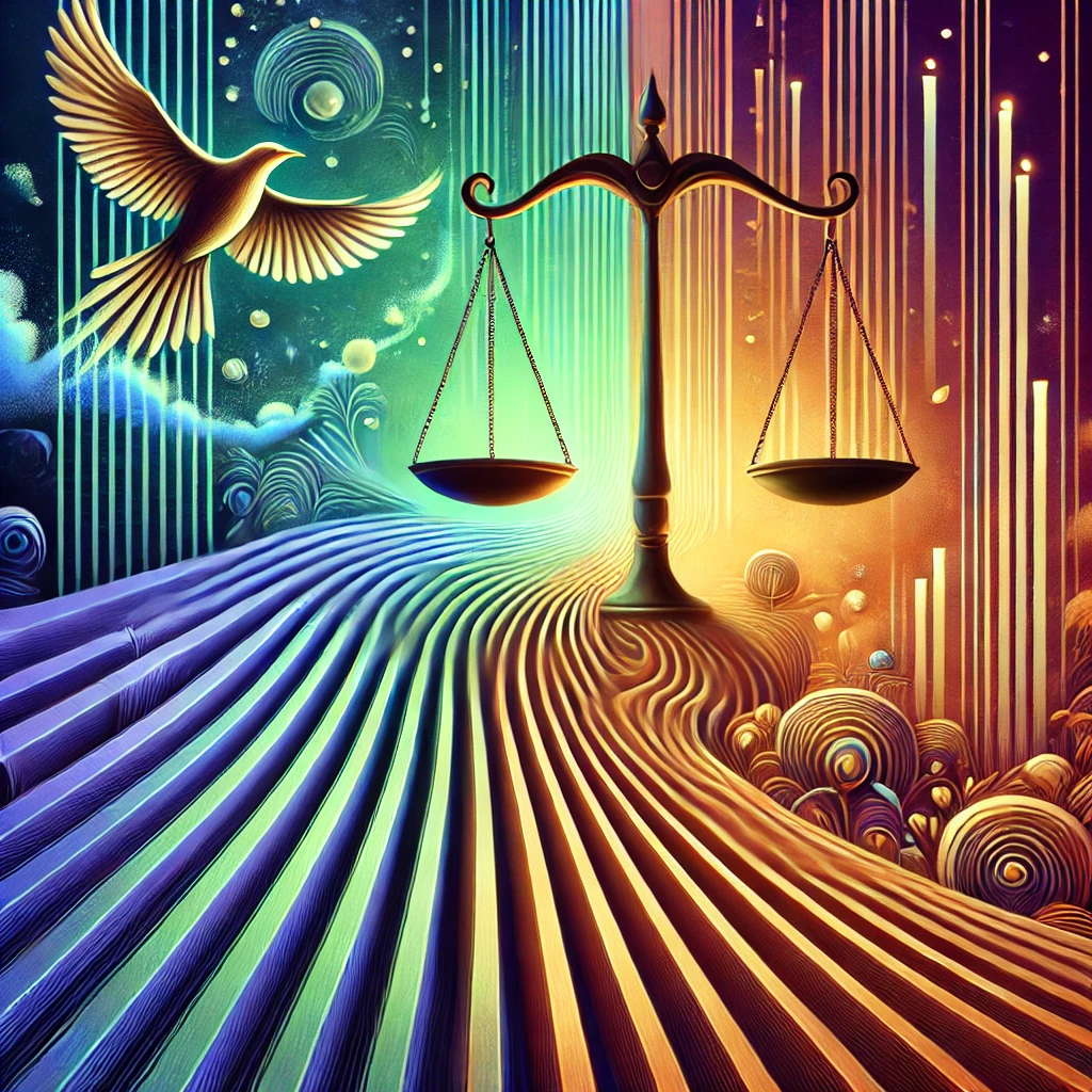 An abstract and vibrant image representing the balance and tension of the bail process. The image features a dynamic interplay of scales and pathways, with one side showing ascending paths leading to freedom, symbolized by birds, and the other side descending into uncertainty. The background is a gradient of dark to light, highlighting the seriousness and hope involved in bail decisions.