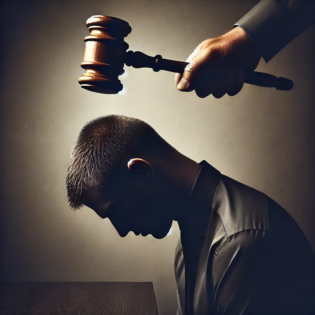 A serious and impactful image showing a judge's gavel coming down on a person's head in silhouette, symbolizing the weight of the legal system. The background is dark and muted, emphasizing the gravity of the situation and the burden of a guilty verdict.