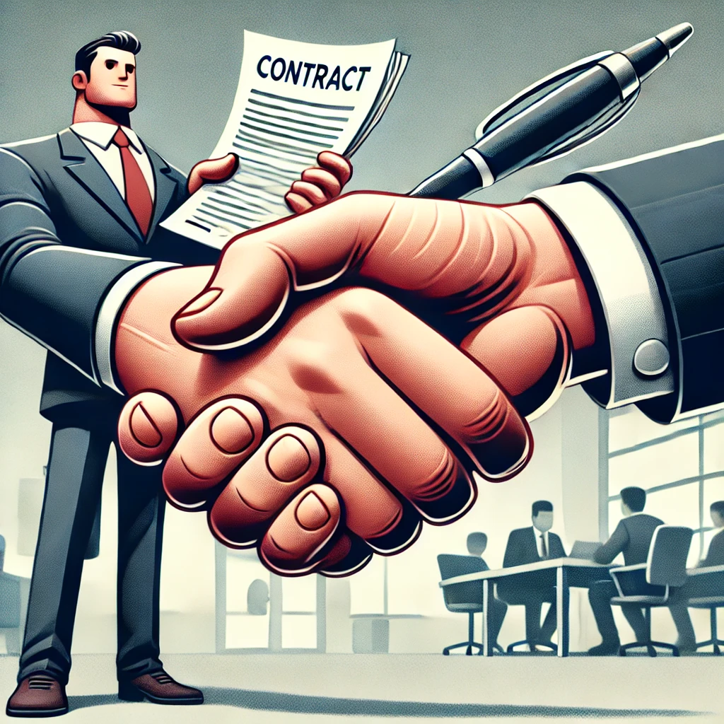 A close-up, stylized handshake between two characters, one in a business suit and the other holding a contract, set in a professional yet slightly playful office environment. The handshake is firm and friendly, symbolizing a balanced agreement with a hint of personality.