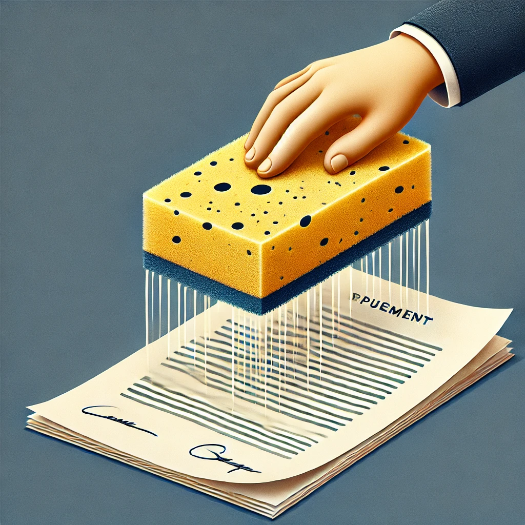 A playful image of a slightly damp sponge gently erasing text from a document, symbolizing the concept of expunging criminal records. The image is both professional and light-hearted, designed to pique curiosity.