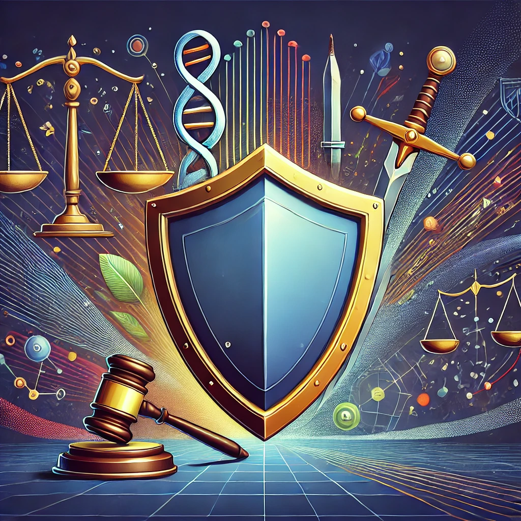 An abstract image depicting a large shield with different legal symbols representing defense strategies in a criminal case. The shield acts as a barrier, symbolizing protection from charges. The background uses dynamic colors and lines to evoke a sense of action and defense.