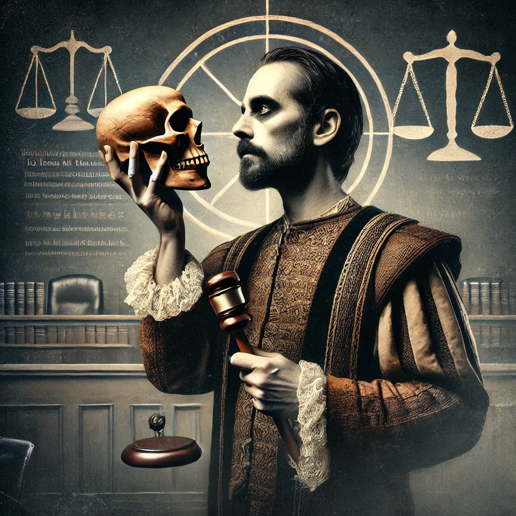 An artistic representation of Hamlet holding a gavel instead of a skull, evoking the famous ‘To be or not to be’ scene. The image is a symbolic play on the decision to plea or go to trial, blending Shakespearean drama with a legal theme.