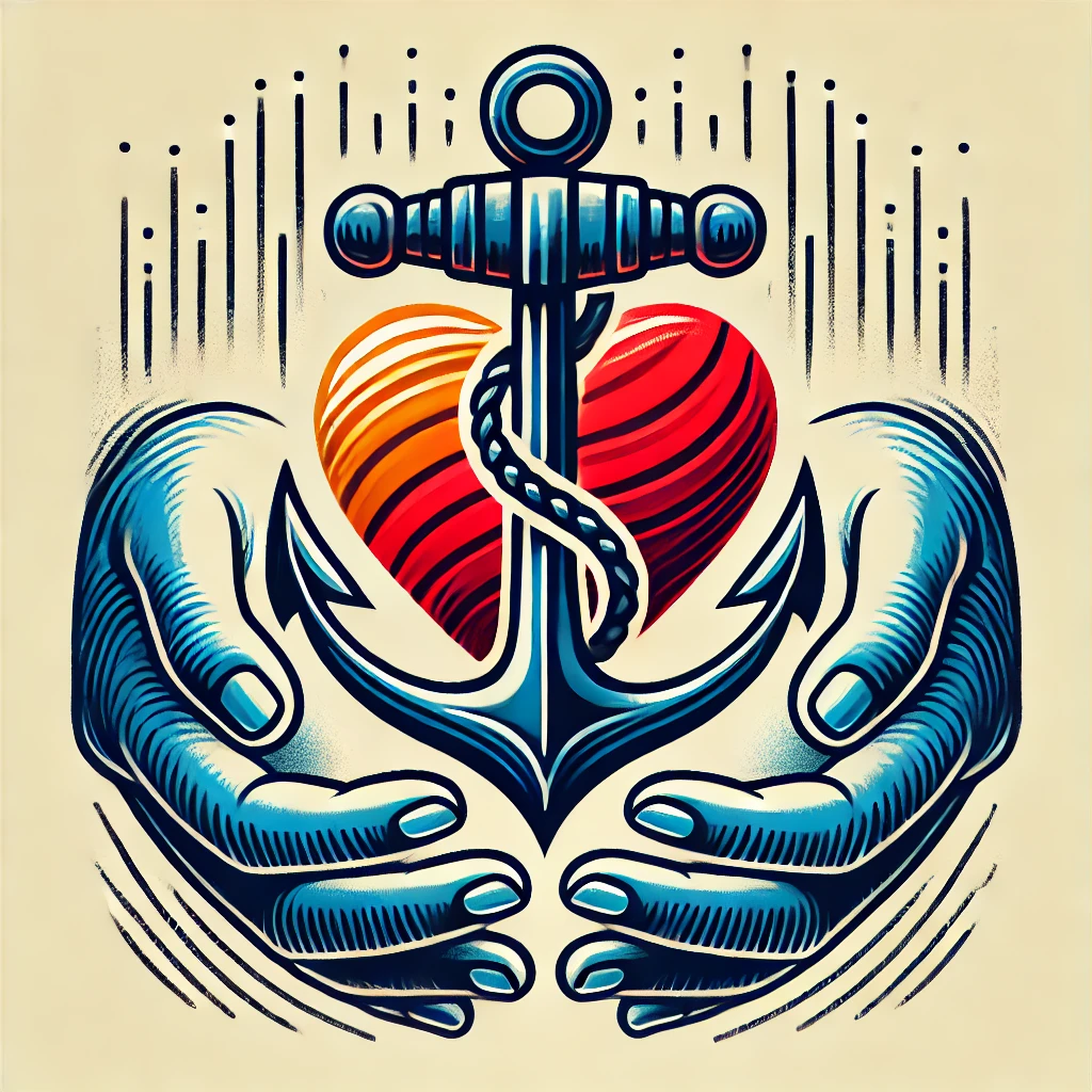 A symbolic image showing an anchor cradling a heart in two hands, representing the concepts of trust, stability, and compassion.