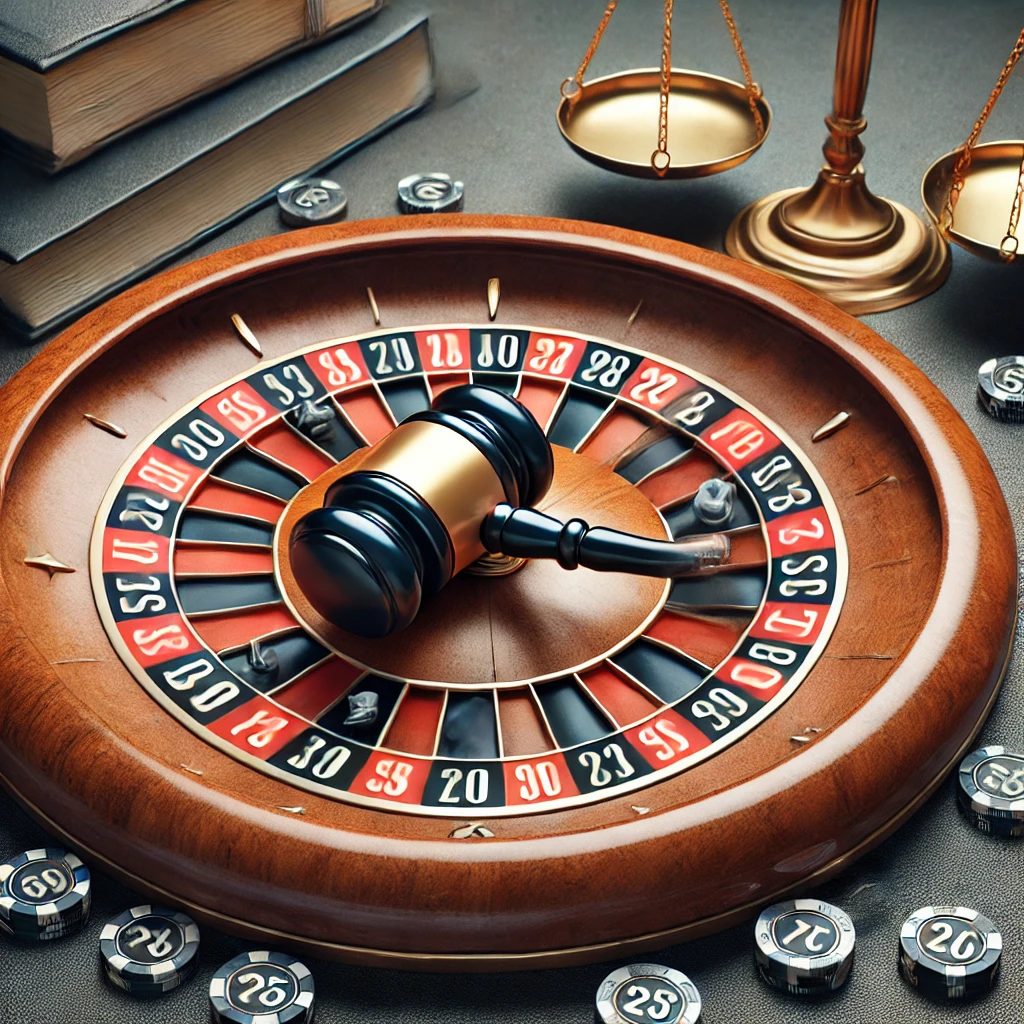 A professional roulette wheel with legal symbols, such as gavels and scales, replacing the traditional numbers, symbolizing the uncertain nature of legal outcomes and the role of chance in criminal defense cases.