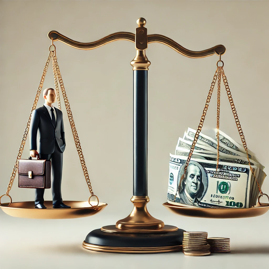 A balanced scale with one side holding a professional figure in a suit carrying a briefcase, representing legal expertise, and the other side holding a stack of hundred-dollar bills, symbolizing the costs of legal services. This visual metaphor represents the careful consideration of attorney fees in the legal profession.