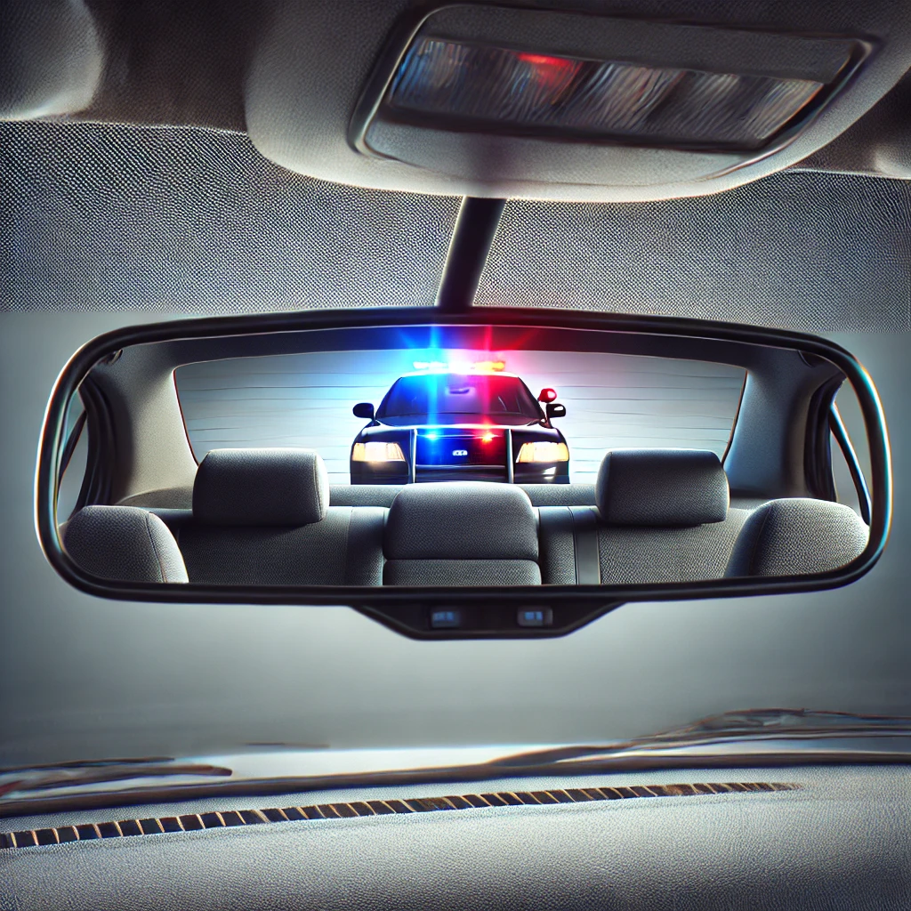 A rearview mirror showing the reflection of a police car following closely behind, symbolizing the moment of a traffic stop, with no red and blue lights visible through the front windshield.