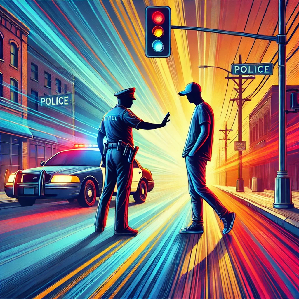 A dynamic street scene with a police officer stopping a vehicle. The scene is visually striking, with bold colors that emphasize the intensity of the situation, capturing the moment a driver interacts with law enforcement.