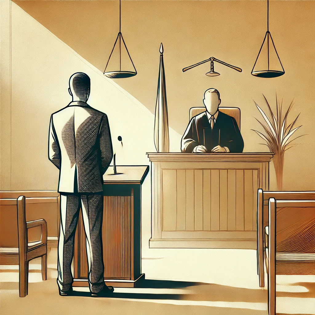 A courtroom scene with a lone defendant standing before a judge, symbolizing the solemn and challenging nature of self-representation in a criminal case.