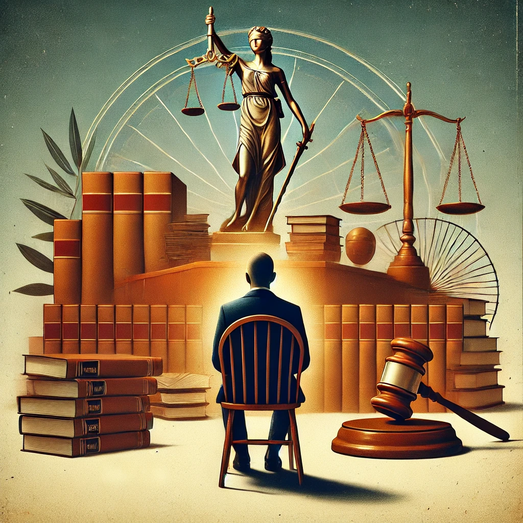 A lone chair facing a symbolic arrangement of justice-themed objects, including Lady Justice, scales, law books, and a gavel, representing the weight of self-representation in criminal cases.