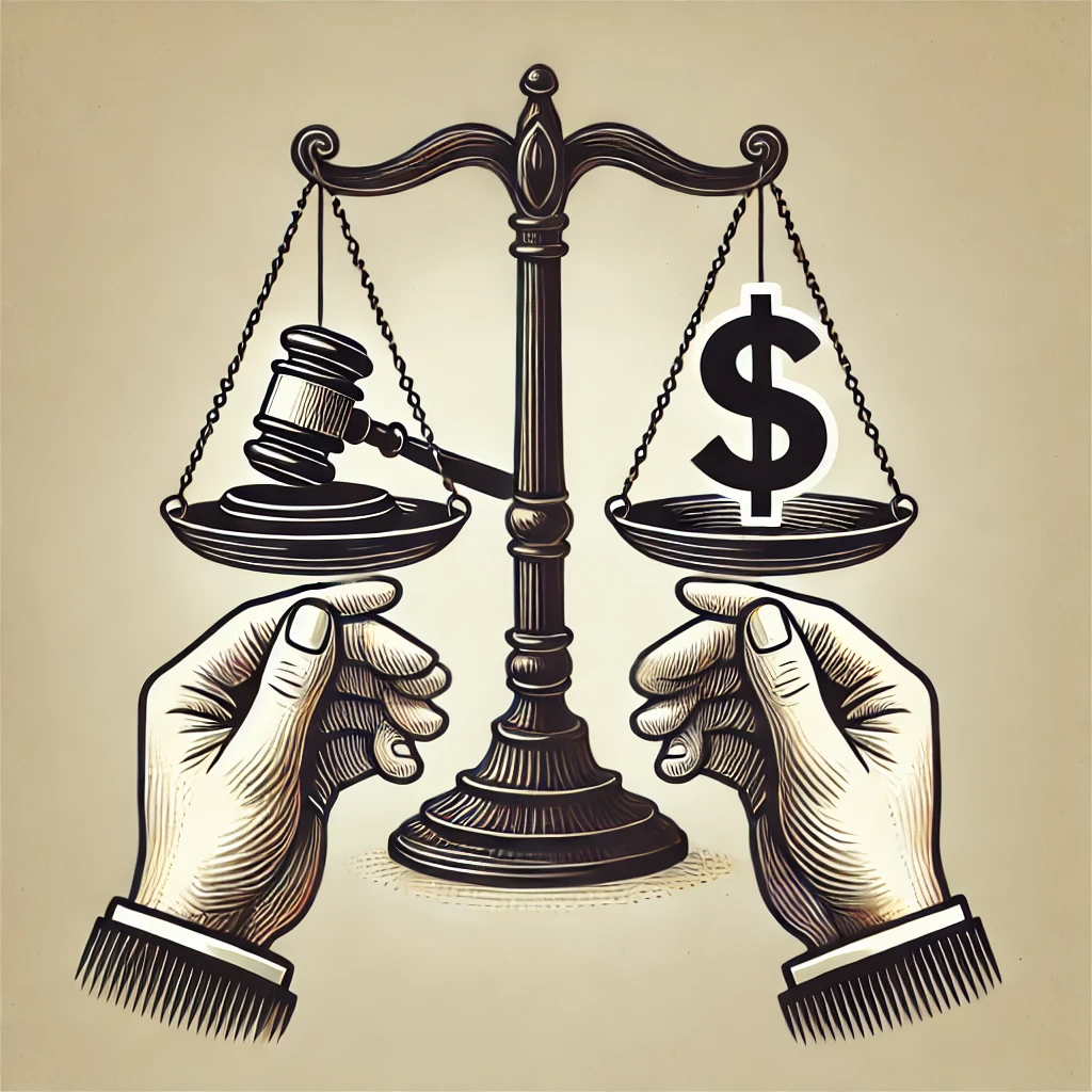 Hands holding a balanced scale, with a gavel on one side and a dollar sign on the other, symbolizing the balance between justice and financial considerations during the bail process.