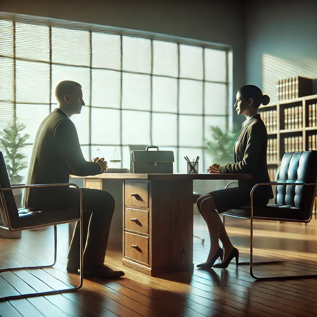 Person seated in a law office, engaged in a serious conversation with their attorney, symbolizing the importance of thoughtful planning and legal guidance when facing an arrest warrant.