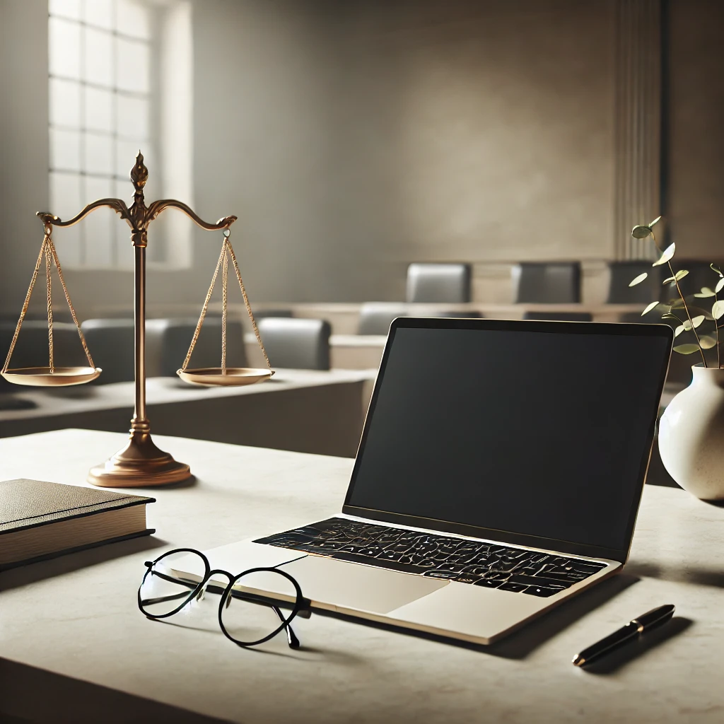 A professional workspace with a desk featuring a closed laptop, eyeglasses, and a set of scales of justice in the background, symbolizing employment challenges after a criminal conviction