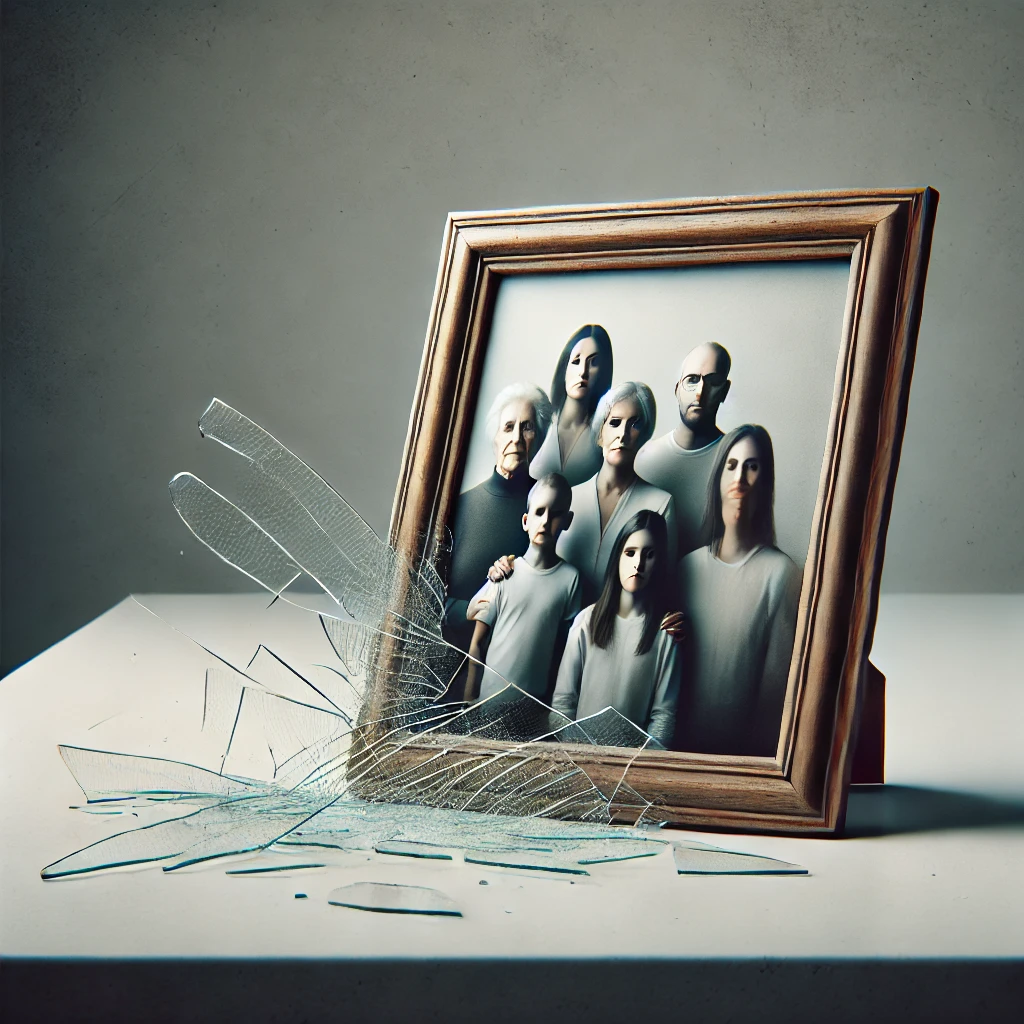 A professional and symbolic image of a shattered family portrait on a clean table, representing the impact of criminal convictions on family and personal relationships.