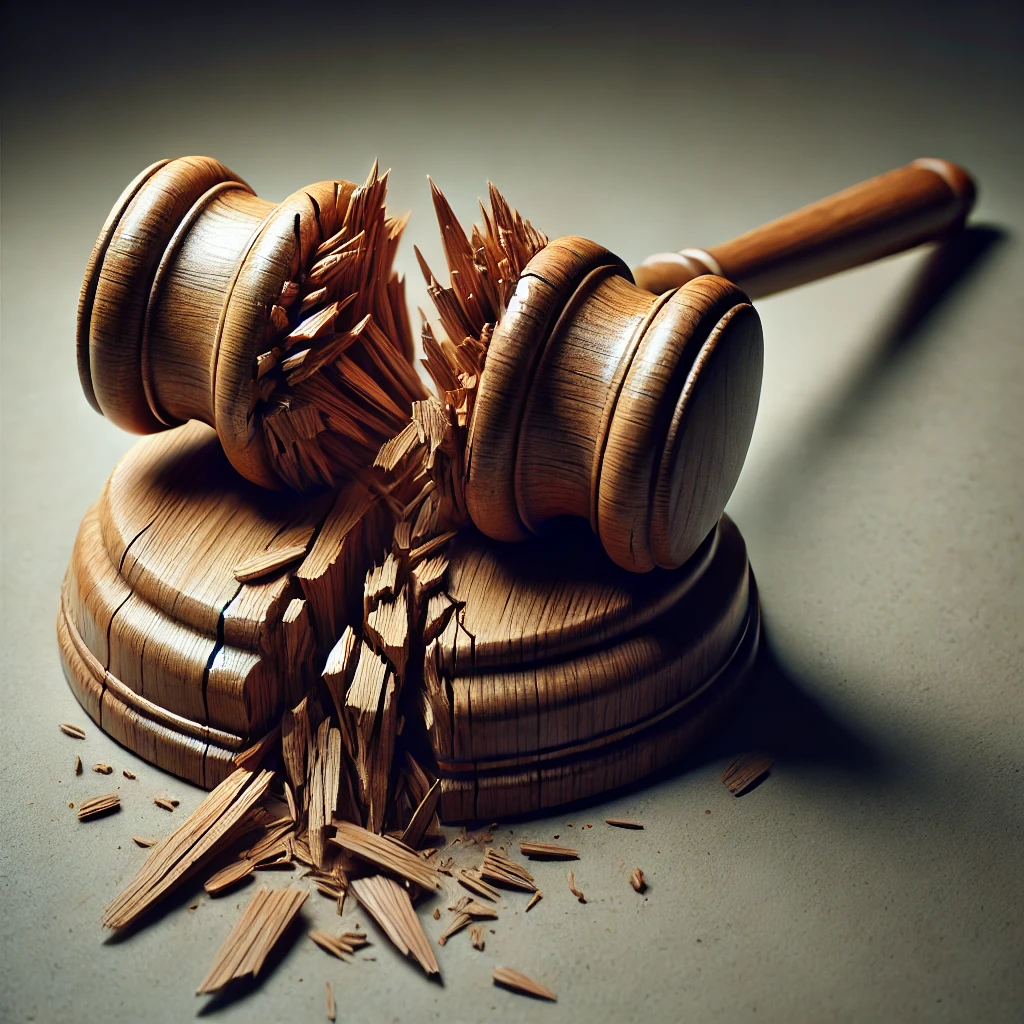 An intricately detailed image of a wooden gavel with a jagged, splintered break along its head and handle, symbolizing the fractured and enduring consequences of a criminal conviction on civic rights.