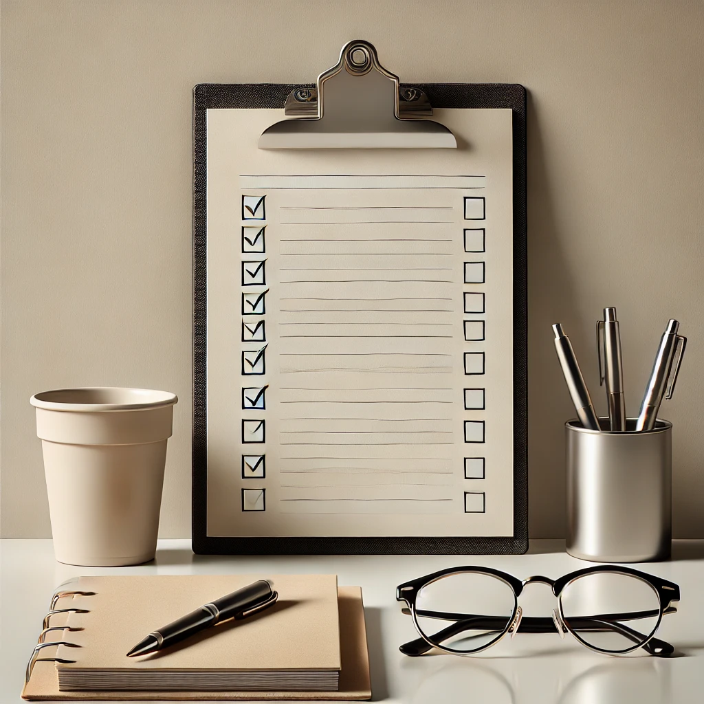 A probation officer's desk with a clipboard checklist, pens, and reading glasses, symbolizing the structured and accountable nature of probation.