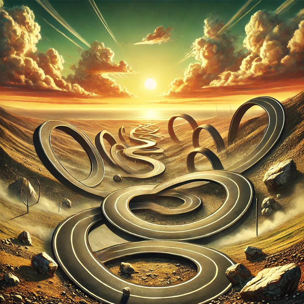 A symbolic image of a winding, circuitous path filled with obstacles, leading to a serene and rewarding destination. The pathway represents the challenges and responsibilities of navigating probation conditions in Arizona.