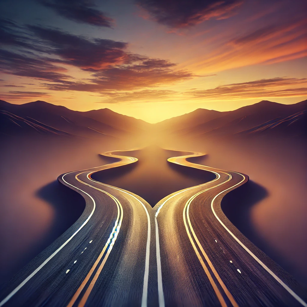 A visually striking image of a fork in a road, symbolizing critical decisions. The scene features contrasting paths under dramatic lighting, evoking a sense of urgency and choice.