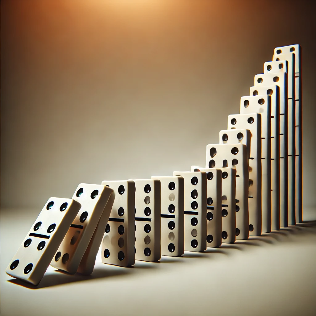 A symbolic image of escalating dominoes growing in size, representing the increasing severity of DUI penalties in Arizona as BAC levels rise.