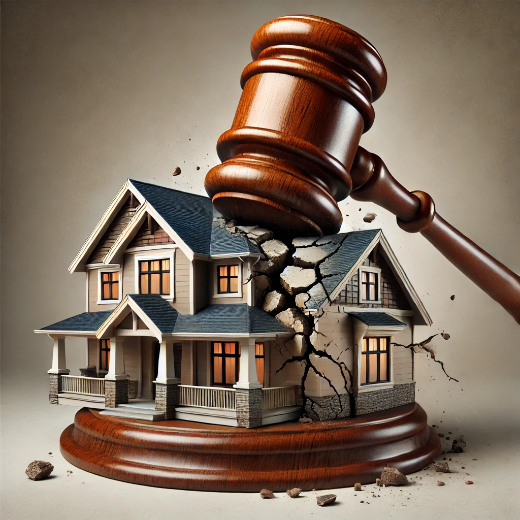 A symbolic and visually striking image of a beautiful single-family home being crushed by a large wooden gavel, symbolizing the devastating impact of domestic violence charges.