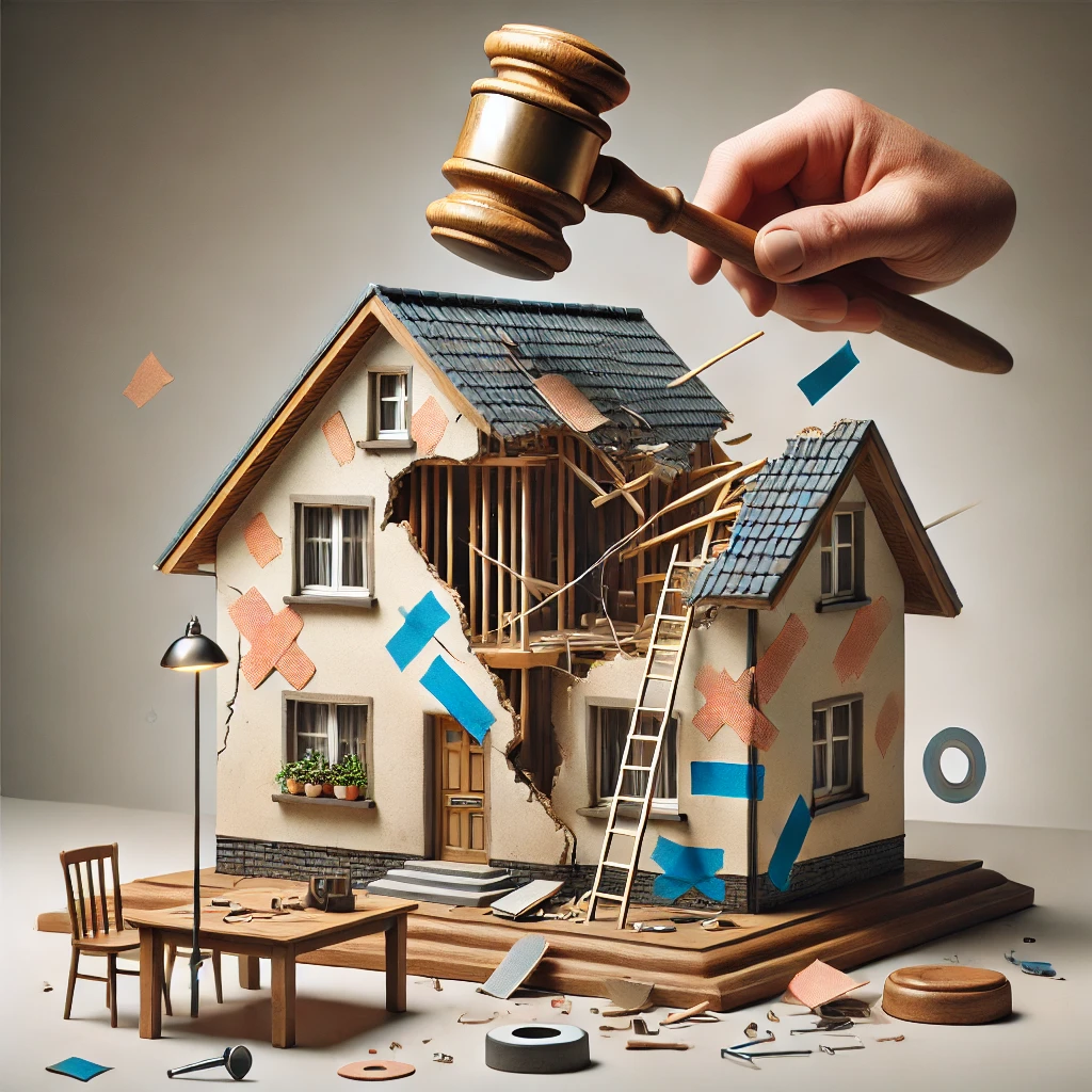 A symbolic and professional image featuring a hand actively piecing together a once-broken home, with visible patches and tools, symbolizing recovery and restoration after damage.