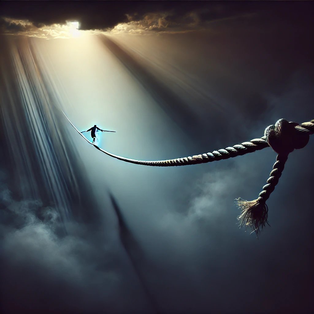 A dramatic image of a tightrope walker teetering on the edge of the rope, symbolizing the precarious nature of probation or parole violations and the consequences of losing balance.