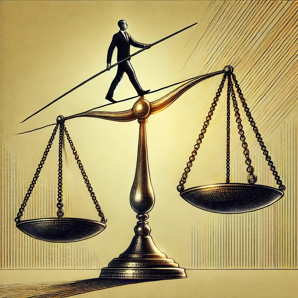 A hand-drawn-style depiction of a tightrope walker balancing precariously on the arms of a scales of justice. The scales hang unevenly, emphasizing the delicate balance and risk of navigating legal challenges.