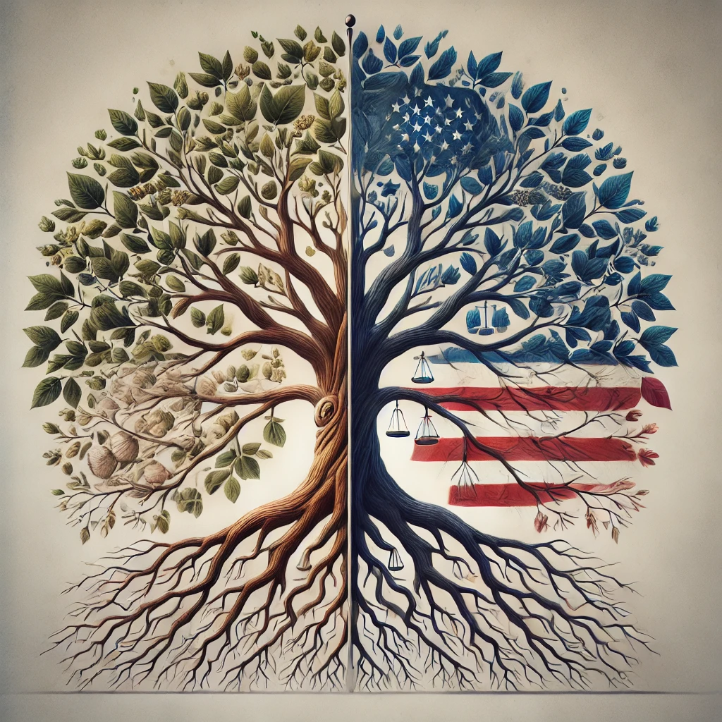 A symbolic and artistic depiction of a single tree split into two contrasting halves, one lush and thriving under bright light, representing state criminal charges, and the other dark and barren, symbolizing federal criminal charges. The ground below each half also shows distinct textures, emphasizing the differences between the two systems.