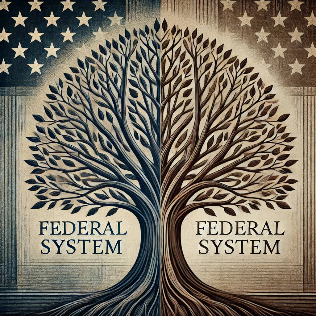 A uniform and symmetrical tree symbolizing the structured and resourceful federal system within the U.S. criminal framework. The image highlights the contrast between state and federal systems with a focus on the federal side.