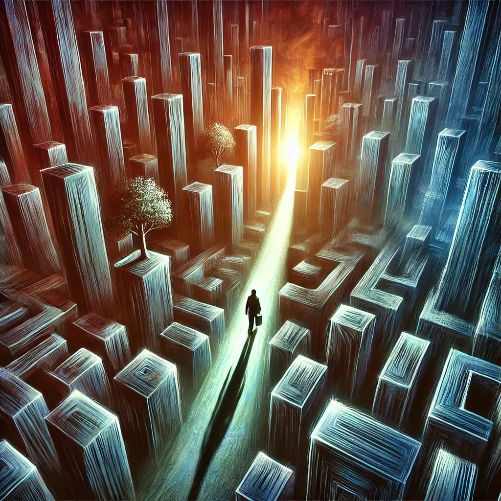 A lone figure walks through a surreal maze-like cityscape, following a path illuminated by a golden light. Towering geometric structures create an intricate and overwhelming environment, symbolizing the complexity of navigating false accusations and the legal system.