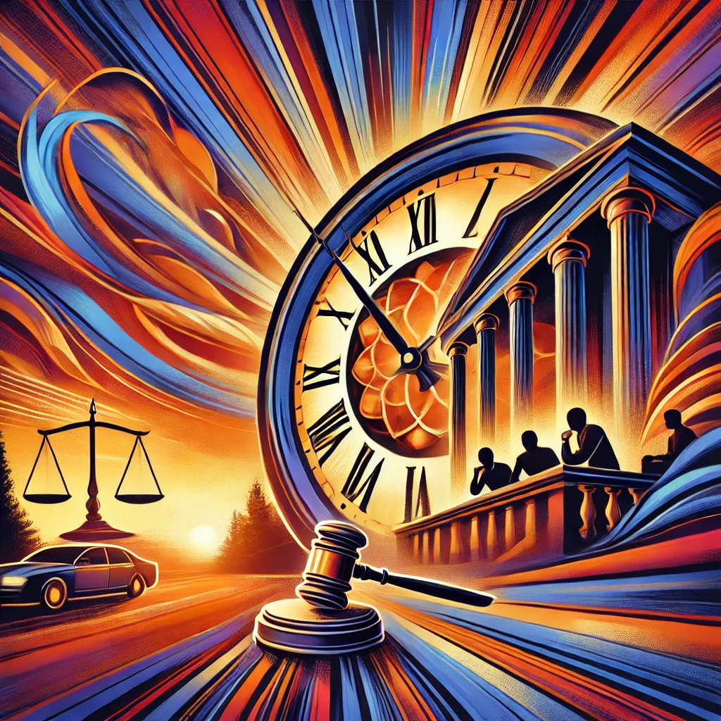 A vibrant clock face with brightly colored hands racing toward midnight, set against a fiery abstract backdrop that subtly blends into courthouse architecture. Silhouettes of people collaborate in the distance, symbolizing urgency and teamwork.