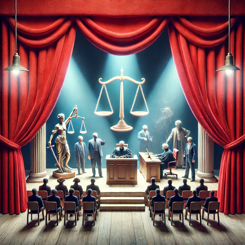 A creative depiction of a courtroom transformed into a theatrical stage, with a spotlight illuminating the judge’s bench and rows of seats resembling theater chairs. The scene emphasizes the courtroom as a place where every role contributes to the unfolding drama of justice.