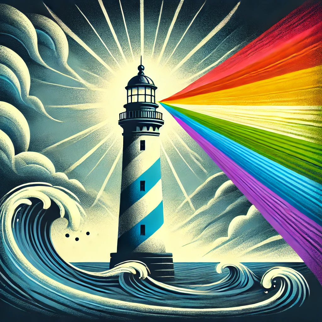 A symbolic illustration of a lighthouse with a rainbow beam cutting through dark, stormy seas. The vibrant rainbow beam represents safety, guidance, and advocacy for the LGBTQ community in times of turmoil.