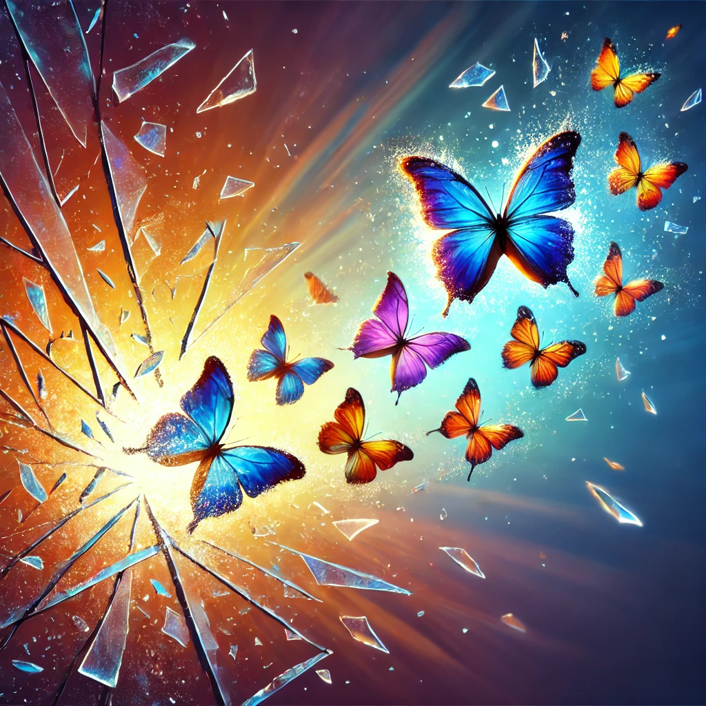 A symbolic illustration of butterflies emerging from shattered glass, representing hope, freedom, and renewal breaking through the hardships of a cold, challenging past.