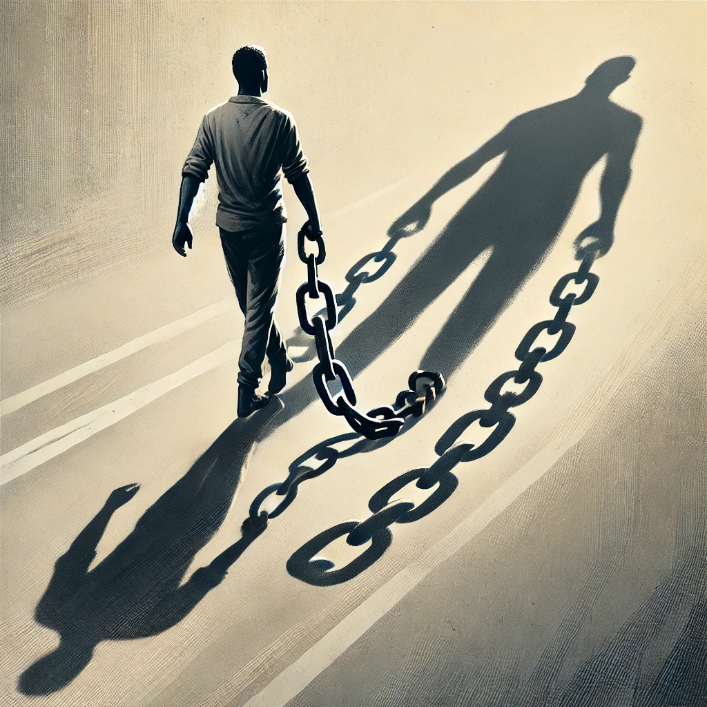 A symbolic and visually striking illustration of a man carrying a massive, heavy chain while walking a long, winding path. The chain represents the long-term burdens of a felony conviction, weighing him down as he struggles to move forward.