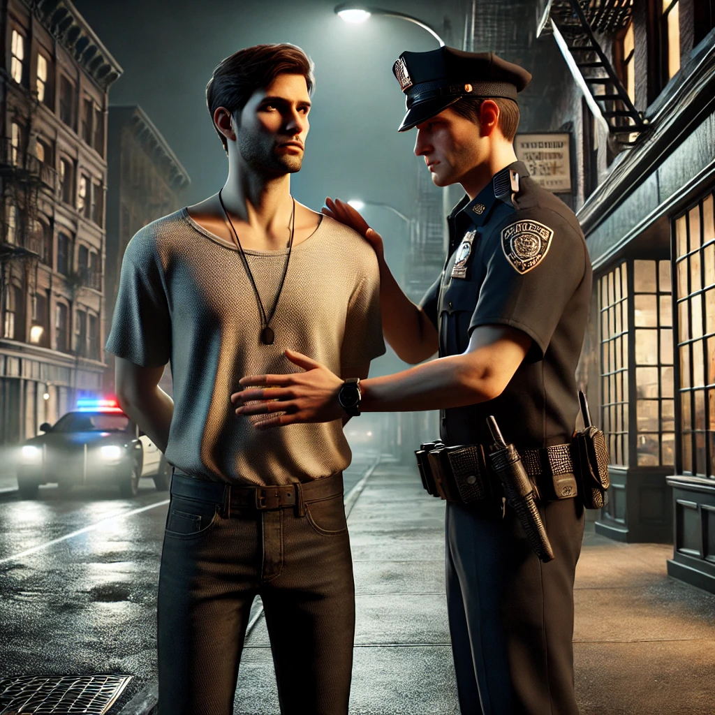 A police officer conducts a stop-and-frisk on a man in an urban setting at night. The man stands with his hands slightly raised while the officer performs a pat-down search. Storefronts and streetlights cast a moody glow on the dimly lit city street, emphasizing the tension of the encounter.