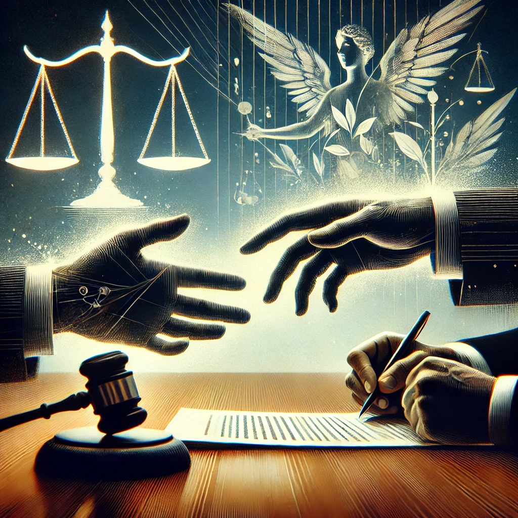 A symbolic illustration of plea negotiations represented by two hands moving chess pieces across a board, symbolizing the strategic decision-making process in criminal defense.