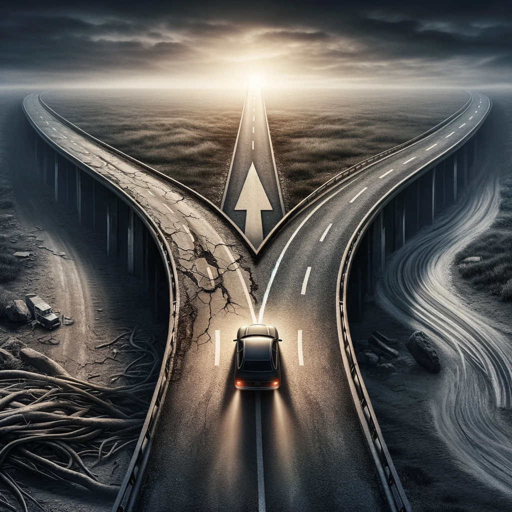 A symbolic image of a car approaching a highway split, with one path continuing straight on a rough road and the other veering onto a smoother exit ramp. The image represents the choice between staying on a difficult legal path or taking an alternative route, symbolizing diversion programs in the criminal system.