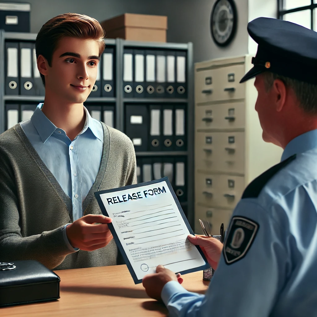 A person holding a release form and showing an ID to a uniformed officer behind a counter in an evidence room, with shelves and lockers in the background.