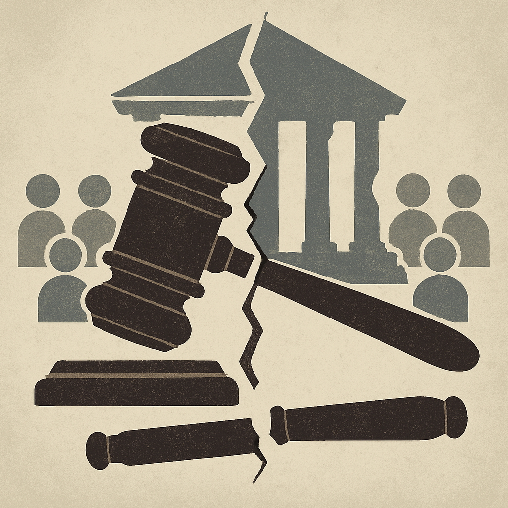 An abstract image symbolizing a divided jury in a criminal trial, featuring a split gavel and a fractured courthouse silhouette, representing the concept of a hung jury and mistrial. Uses muted tones to convey legal seriousness and ambiguity.