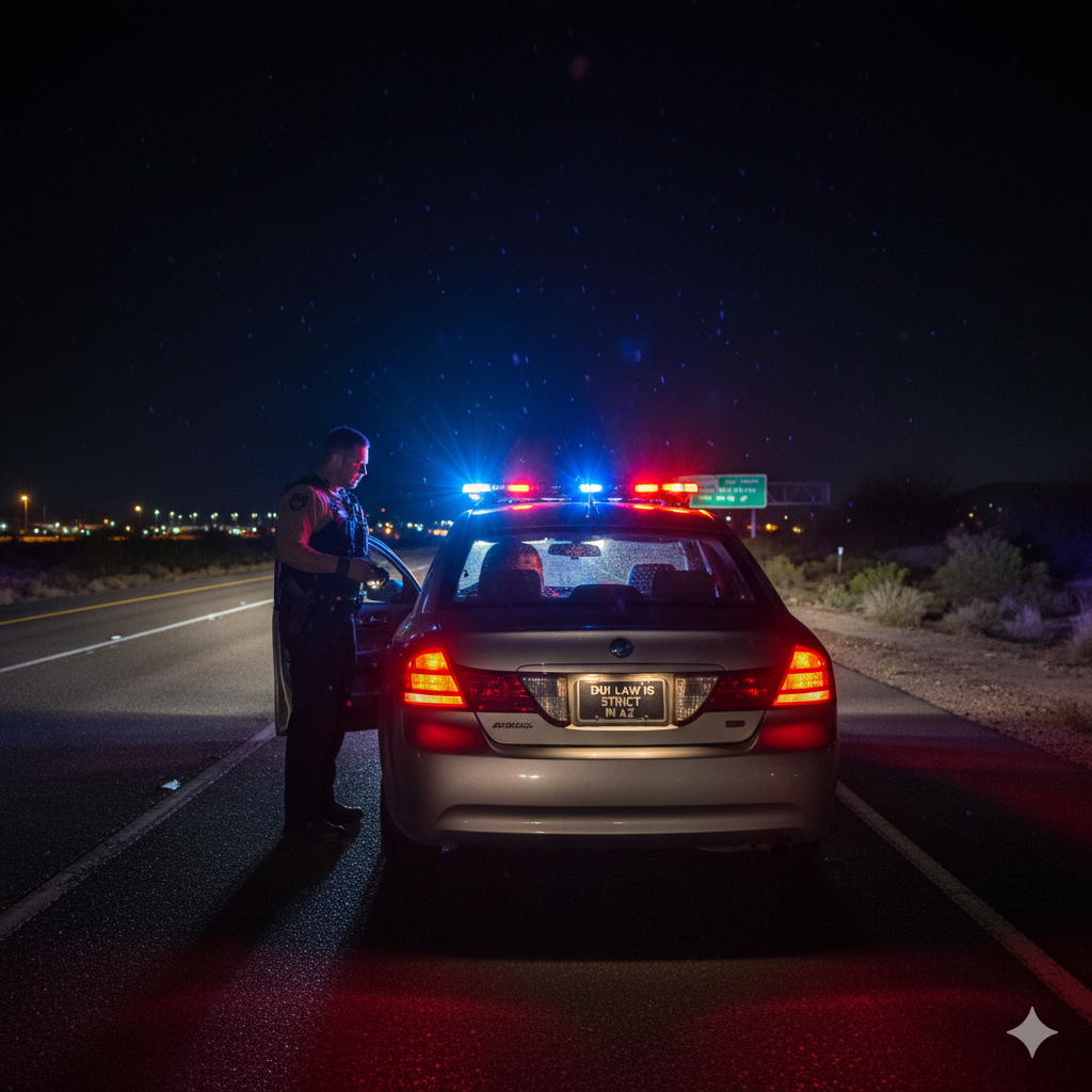Police cruiser with flashing red and blue lights stopped behind a car at night, symbolizing a DUI traffic stop.
