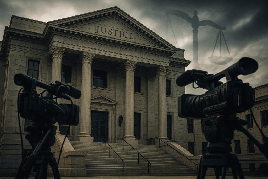 Exterior of a grand courthouse with TV news cameras set up outside and faint scales of justice in the sky, symbolizing transparency and due process.
