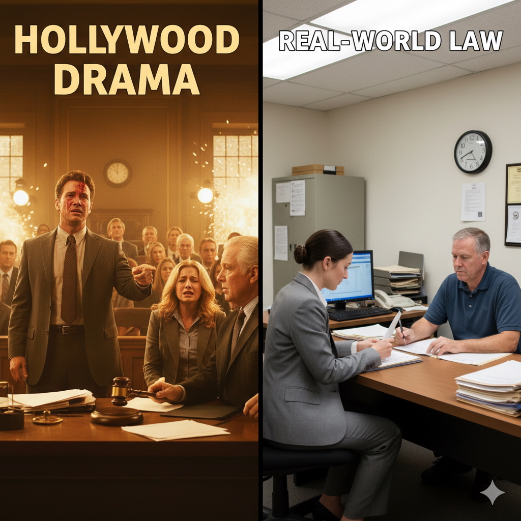 Split-screen comparison: on the left, a dramatic Hollywood courtroom scene with a lawyer shouting and sparks flying; on the right, a calm office setting where a lawyer and client review documents.