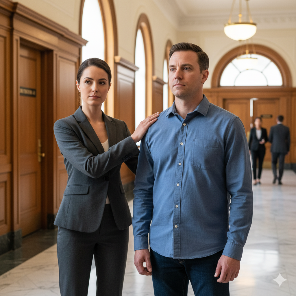 A lawyer in a suit standing beside a worried client in a courthouse hallway, offering support and guidance.