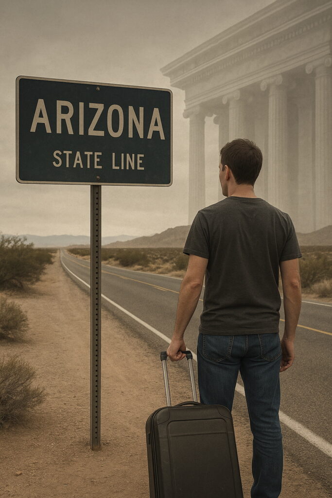 Man with luggage standing at the Arizona state line sign, facing the desert road with courthouse columns faintly in the background.