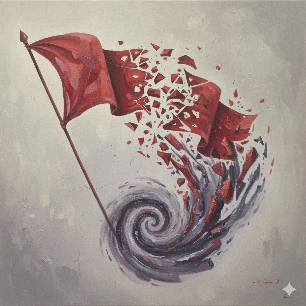 Abstract painting of a red flag breaking apart into fragments and swirling into a dark spiral, symbolizing ignored warning signs turning destructive.