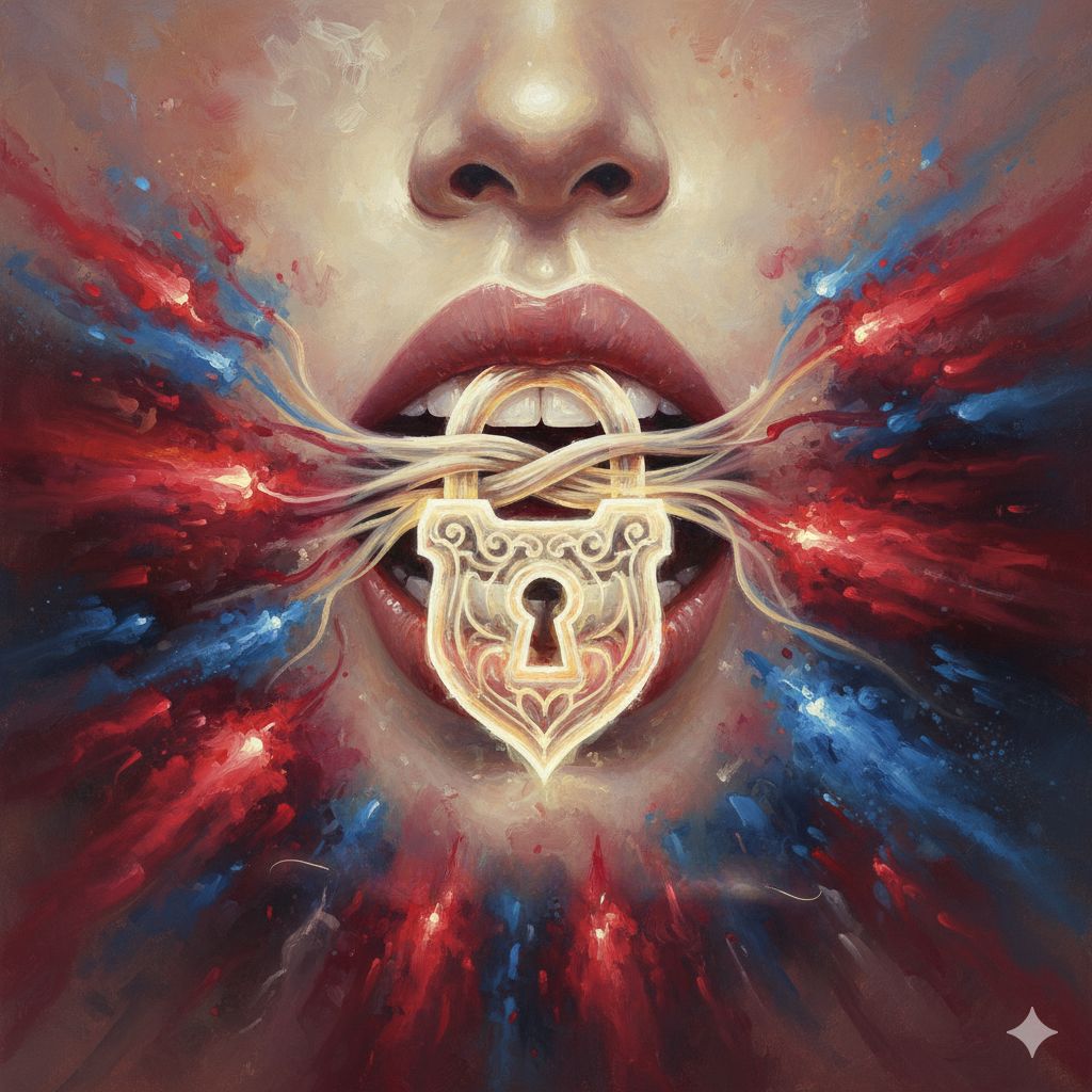 A surreal painting of a mouth bound by ropes and secured with a golden padlock, with red and blue streaks bursting outward, symbolizing silence under pressure.
