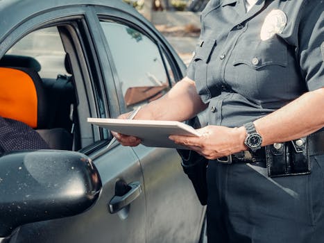 A police officer in uniform writes a ticket to a driver through the car window on a sunny day.